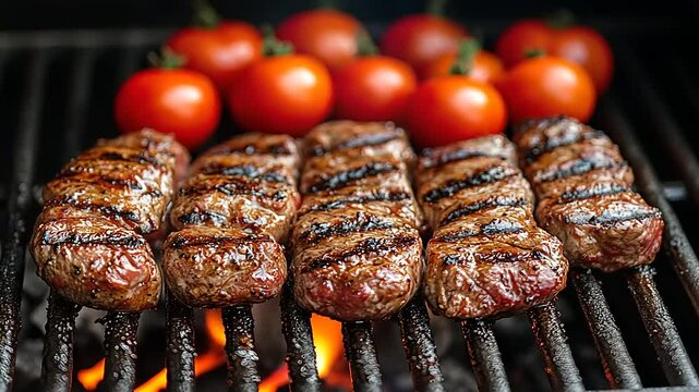 Delicious grilled cevapcici with tomatoes on a barbecue grill perfect for summer cooking