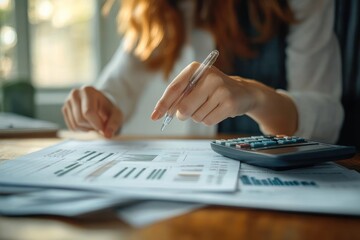 person analyzing financial documents with graphs and charts using a pen and calculator at a wooden desk in natural light