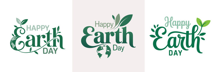 Three unique Happy Earth Day designs featuring green leaves and stylized text, suitable for cards, banners, or social media posts.