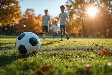 Three children running on green grass towards a black and white soccer ball during a sunny autumn day with golden leaves on trees and ground
