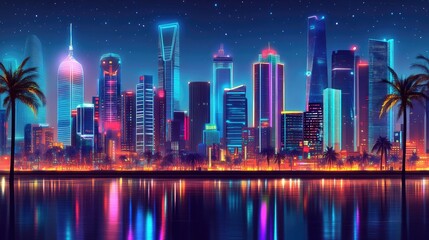Fototapeta premium Vibrant neon cityscape at night, reflected in calm water, palm trees framing the scene