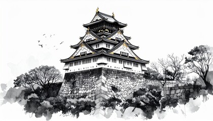 Custom AI Model,水墨画で描かれた大阪城の力強い風景