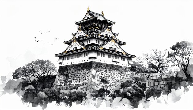 Custom AI Model,水墨画で描かれた大阪城の力強い風景