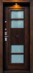 Modern dark wooden front door with frosted glass panels and metal fixtures illuminated by a warm overhead light, conveying a sense of security and sophistication