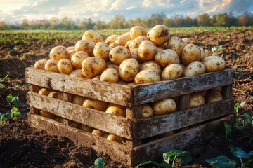 Freshly harvested potatoes in a rustic wooden crate placed in a field with soil and green plants under a partly cloudy sky during the day
