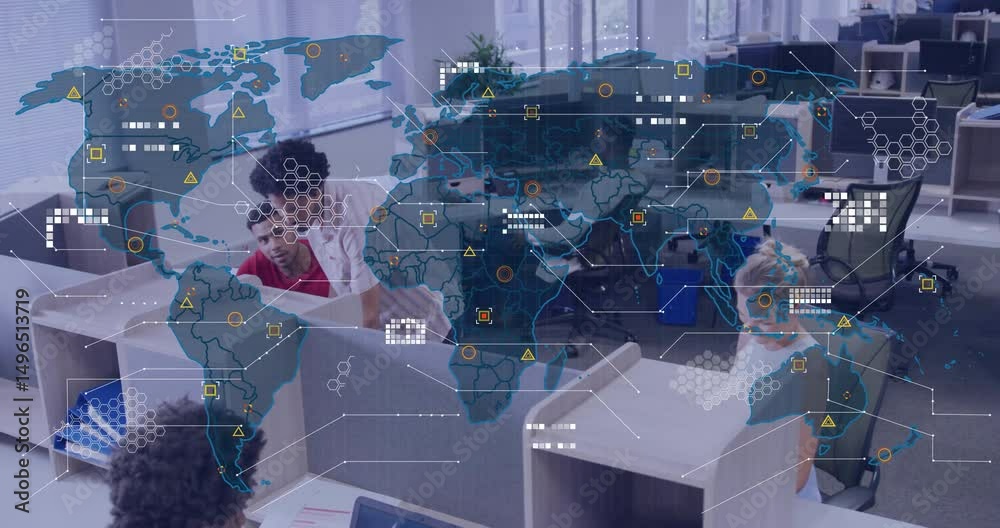 Poster coworker leaning over colleague pointing monitor initiating animated map overlay showing it network