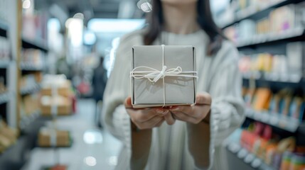 Person holding a high-value item in a retail store