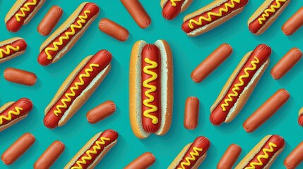 Pattern of hot dogs with buns topped with mustard and loose sausages on a blue background creating a food-themed texture