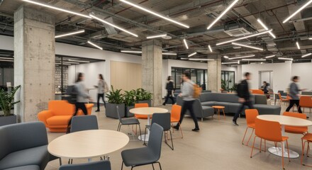 Bustling Modern Office Lounge or Coworking Space with People Moving, Orange Seating, and Industrial Concrete Elements