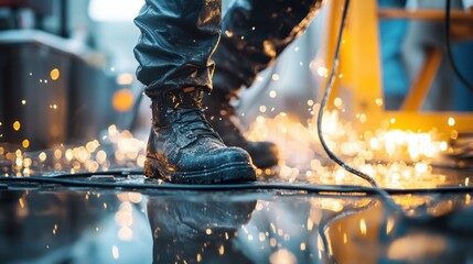 sparks nearby, risk of electrocution, blurred workspace in the background,