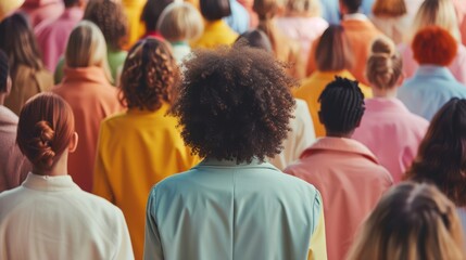 A person in a colorful outfit standing in a crowd of people wearing neutral colors