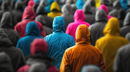 A person wearing vibrant colors in a grayscale crowd, emphasizing the concept of standing out