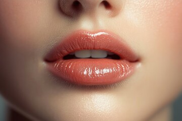 Close-up of glossy lips with natural skin texture showing light reflecting from the shiny lip surface and a slightly open mouth