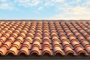Close-up view of a curved terracotta tiled roof under a partly cloudy sky in warm light