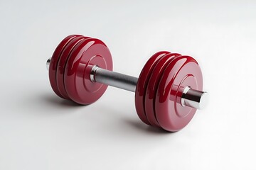 A single red dumbbell with a silver handle on a white surface in a studio setting for fitness