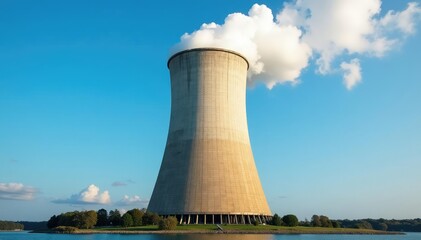 Fototapeta premium Large industrial cooling tower against a blue sky, emitting vapor , industrial, construction, large