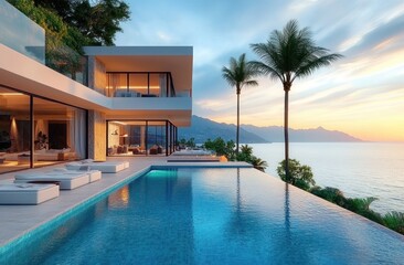 Modern villa with large infinity pool overlooking ocean at sunset with palm trees and mountain background creating tranquil luxury atmosphere