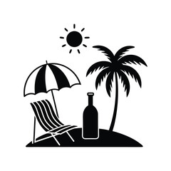 Black and white beach scene silhouette with a sun umbrella lounge chair palm tree and bottle