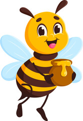 Bee with jar of honey cheerful cartoon character. Honeybee insect funny vector personage, honey bee animal cute mascot. Garden bee bug cheerful character or hive bumblebee baby happy character