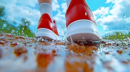 Red Shoes Walking in Water