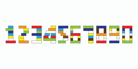 angka mosaik warna-warni yang dibuat dengan balok dan minifigur pada latar belakang putih. Konstruksi buatan tangan dengan set mainan warna-warni.