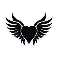 Black heart symbol with wings represents love and freedom isolated on white background