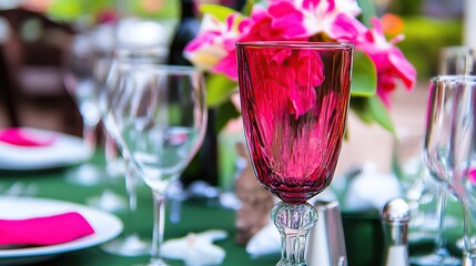 Pink glassware, elegant outdoor table setting, floral centerpiece, garden party