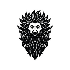 Majestic black and white illustration of a bearded man with flowing hair and moustache