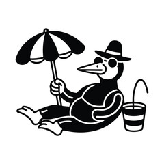 Relaxed cartoon penguin enjoying summer vacation with umbrella and bucket of drink