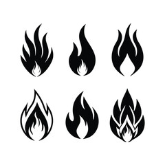 Set of black fire flames silhouettes isolated on white background in various designs