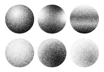 Stipple noise grain sphere shapes with gradient dot pattern, abstract vector background. Stipple noise grain spheres with sand spray effect of brush, round shapes with white and black shadow halftone