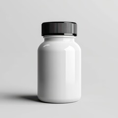 A white, cylindrical plastic bottle with a black screw-top lid sits on a light gray background, casting a subtle shadow