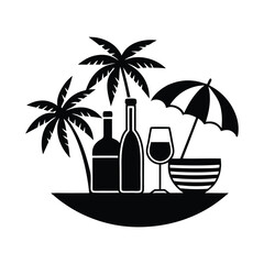 Silhouette illustration of a tropical beach vacation featuring wine bottles and umbrella design
