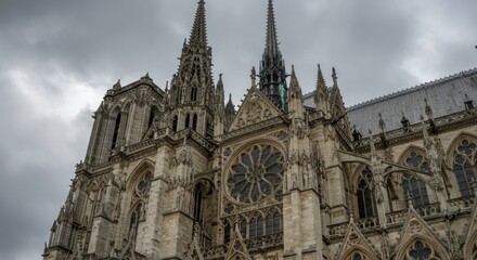 Fototapeta premium Majestic Notre Dame Cathedral Facade Under Cloudy Skies: A Gothic Architectural Masterpiece in Paris