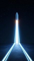 Rocket launching into a starry night sky with bright light trails. Product launch strategy concept.