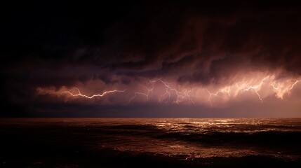 Dramatic Lightning Storm over Dark Ocean A Nighttime Seascape.