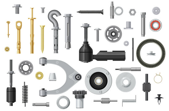 Spare parts and fasteners, bolts and screws, construction fittings and metal hardware, realistic vector. Metal fasteners, steel rivets and mechanism parts, cogwheels and pins with gears and hook screw