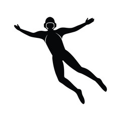 Silhouette of skydiver with arms outstretched in freefall against a white background