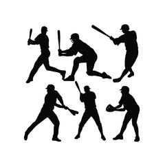 Silhouetted baseball players in action posed in various positions on a clean white background