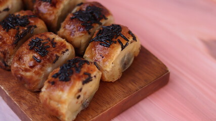 Jakarta's signature baked Bolen cake photographed at various angles of 45 degrees, front view and...