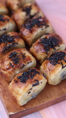 Jakarta's signature baked Bolen cake photographed at various angles of 45 degrees, front view and flat lay. isolate object