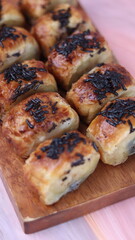 Jakarta's signature baked Bolen cake photographed at various angles of 45 degrees, front view and flat lay. isolate object