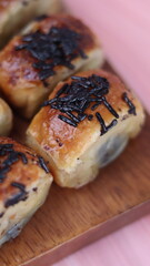 Jakarta's signature baked Bolen cake photographed at various angles of 45 degrees, front view and flat lay. isolate object