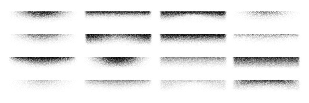 Noise grain edge shadows with gradient stipple dots for shade lines, vector frame borders. Edge shadows with noise grain effect of dotwork or brush grit and sand overlay for realistic edge shadows