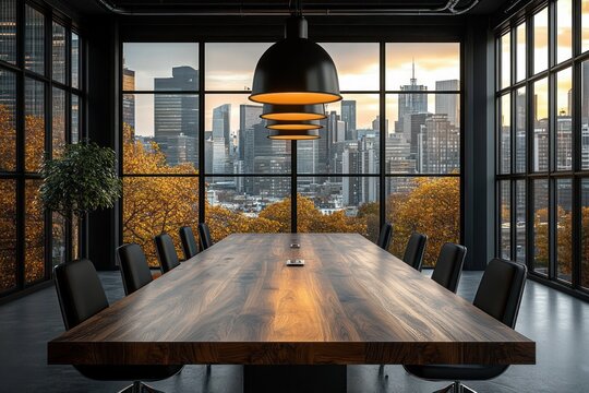 Modern office meeting room with a long wooden table, black chairs, large pendant lights, floor-to-ceiling windows overlooking a city skyline with autumn trees outside - Powered by Adobe