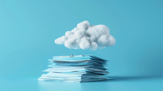 Conceptual image of a cloud with mortgage documents and digital transactions.