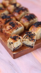 Jakarta's signature baked Bolen cake photographed at various angles of 45 degrees, front view and flat lay. isolate object