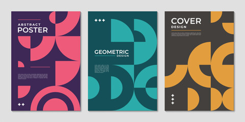 Abstract posters with geometric shapes pattern for covers layout design, vector backgrounds. Trendy posters with abstract modern mosaic figures and simple color shapes in retro pattern background © Buch&Bee