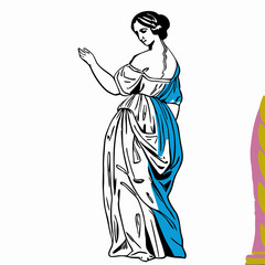 Fototapeta premium Elegant Woman in Grecian Style Dress, Line Art Illustration