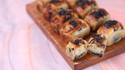 Jakarta's signature baked Bolen cake photographed at various angles of 45 degrees, front view and flat lay. isolate object